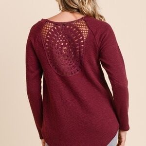Doe & Rae Burgundy Sweater Crochet Back Ribbed NWT New